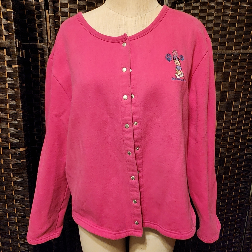 Vintage DISNEY Pink Button-Up Sweatshirt with MINNIE MOUSE Embroidery
